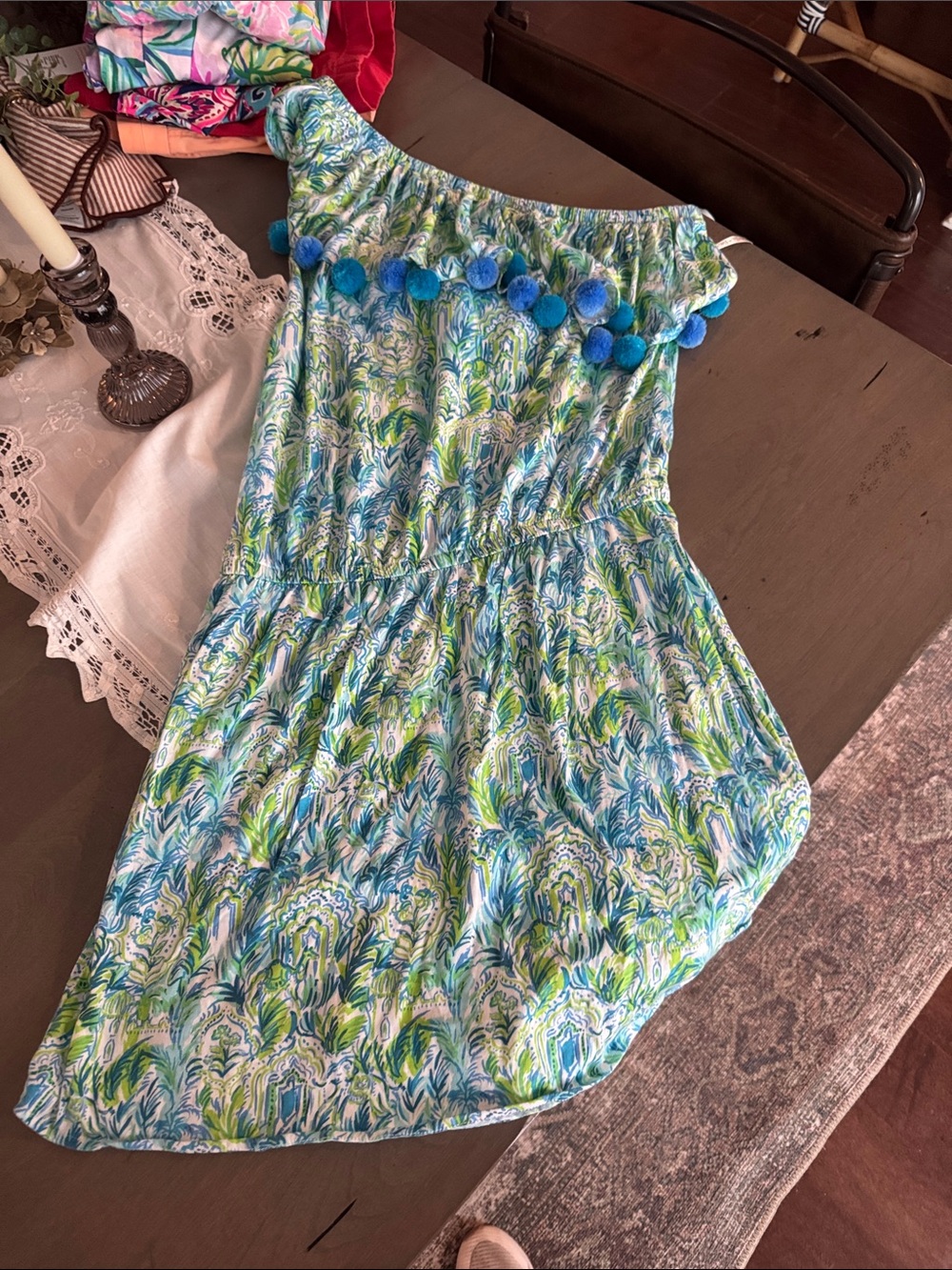 Lilly Pulitzer One-Shoulder Pom-Pom romper dress with attached shorts